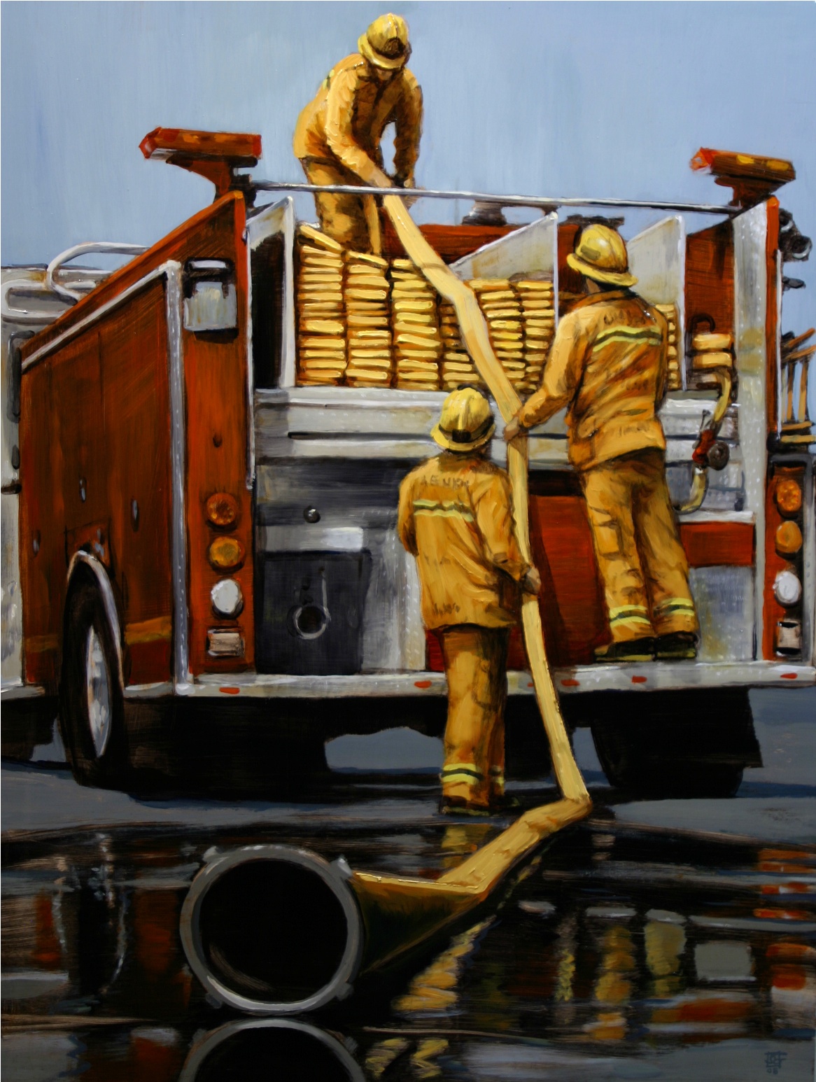 Painting of a fire truck with 3 firefighters in the back unloading a hose. 